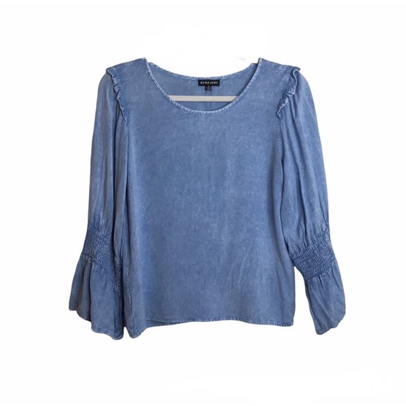 Style Envy Tops - Style Envy Womens Cropped Pullover Top Size S Blue Chambray Smocking Ruffles